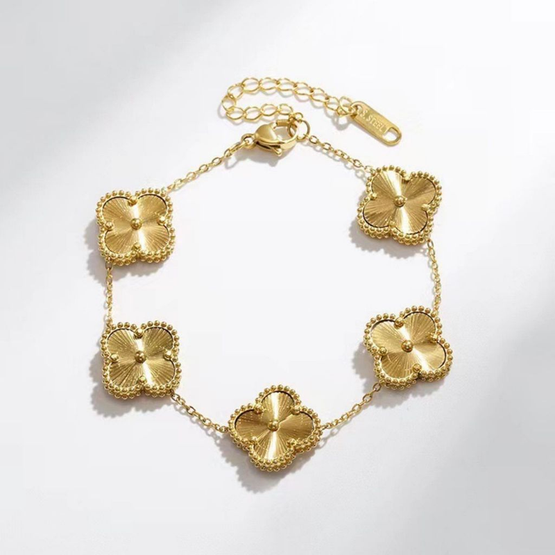Pulseira de trevo de quatro folhas em aço inoxidável 18 com remendo de madrepérola dupla face que não desbota 17+5 cm