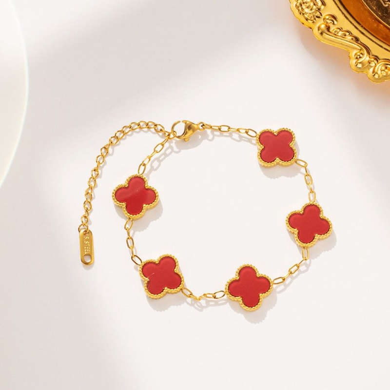 Pulseira de trevo de quatro folhas em aço inoxidável 18 com remendo de madrepérola dupla face que não desbota 17+5 cm