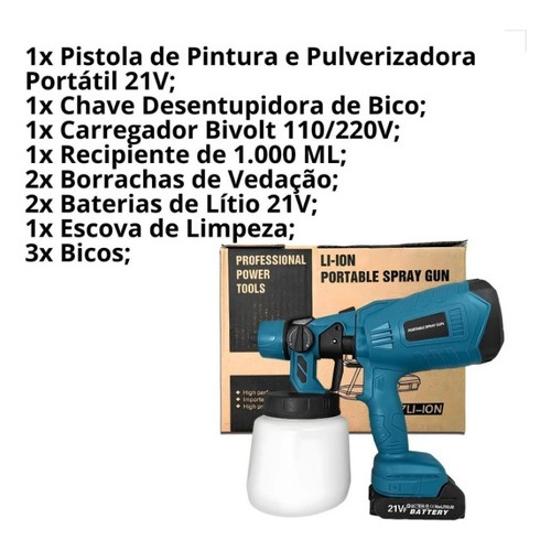 Pistola De Pintura Recarregável 2 Baterias 3 Bicos Profissional Pulverizador De Tinta 1000ml 200W