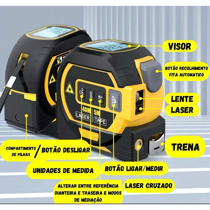 Trena Digital 3 em 1 com Função nivel a laser 4D 40M Com Visor LCD Inteligente
