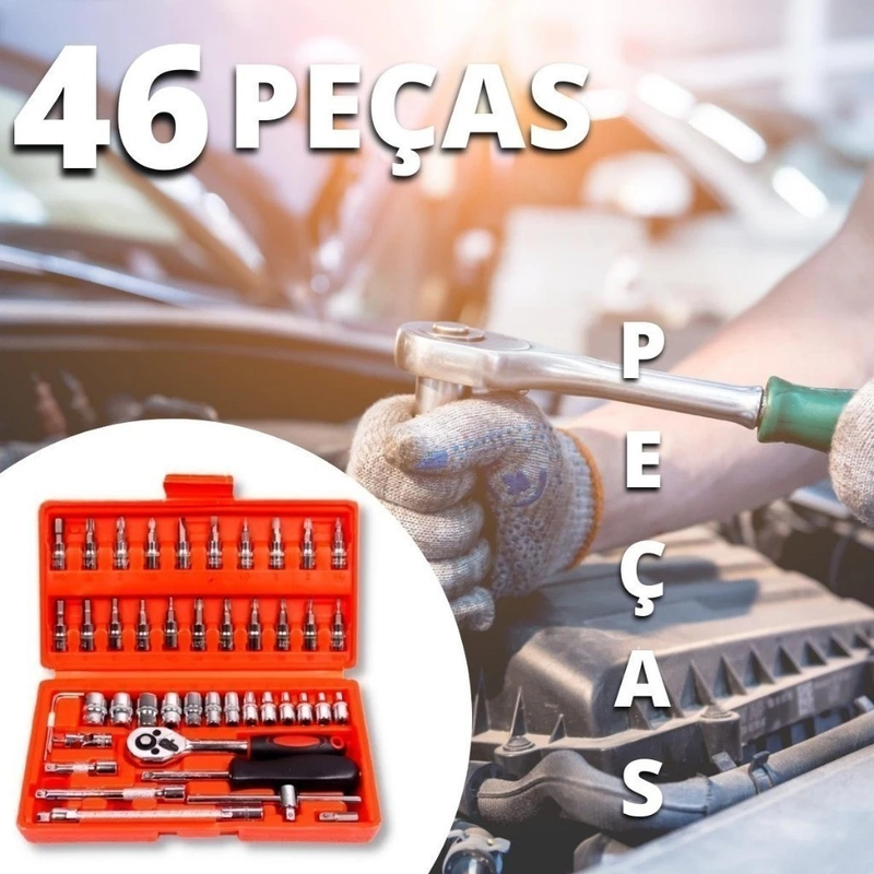 Kit De Ferramentas 46 Peças Jogo De Soquetes Chave Catraca Reversível Com Maleta Jogo Completo