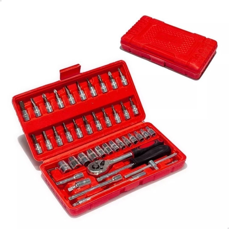 Kit De Ferramentas 46 Peças Jogo De Soquetes Chave Catraca Reversível Com Maleta Jogo Completo