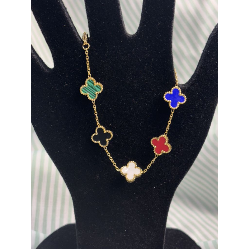 Pulseira de trevo de quatro folhas em aço inoxidável 18 com remendo de madrepérola dupla face que não desbota 17+5 cm