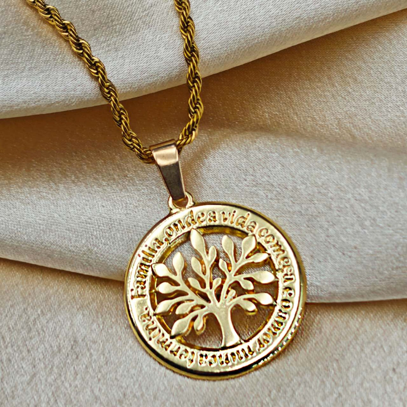Colar de Corrente de Dourado Feminino Cordão Baiano Pingente Fé Aço Inoxidável Banhado A Ouro 18k