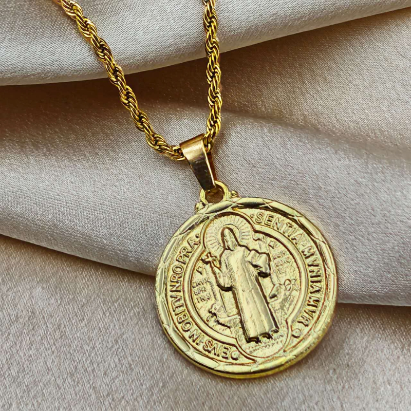 Colar de Corrente de Dourado Feminino Cordão Baiano Pingente Fé Aço Inoxidável Banhado A Ouro 18k