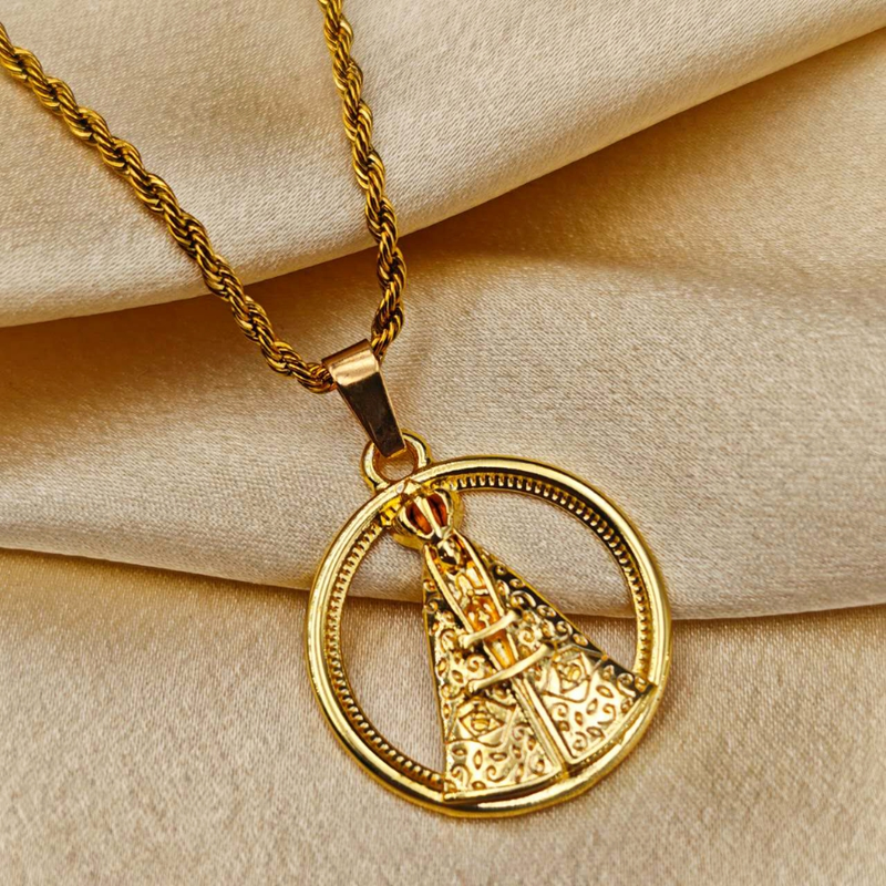 Colar de Corrente de Dourado Feminino Cordão Baiano Pingente Fé Aço Inoxidável Banhado A Ouro 18k