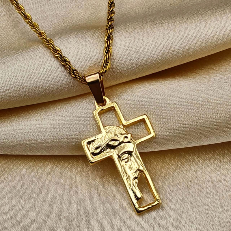 Colar de Corrente de Dourado Feminino Cordão Baiano Pingente Fé Aço Inoxidável Banhado A Ouro 18k
