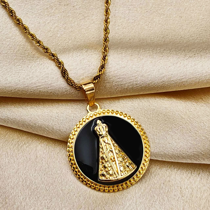 Colar de Corrente de Dourado Feminino Cordão Baiano Pingente Fé Aço Inoxidável Banhado A Ouro 18k