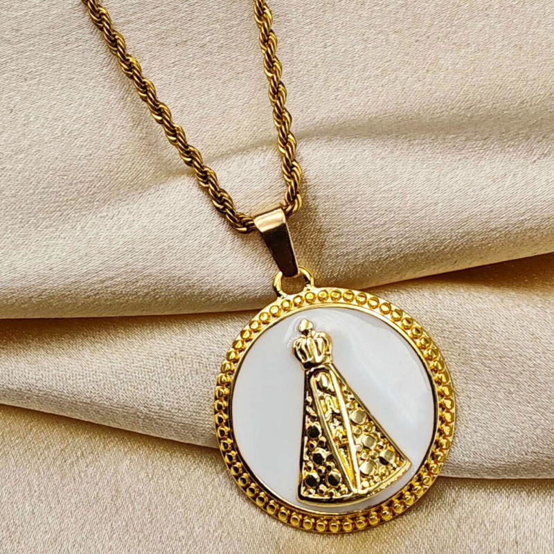 Colar de Corrente de Dourado Feminino Cordão Baiano Pingente Fé Aço Inoxidável Banhado A Ouro 18k