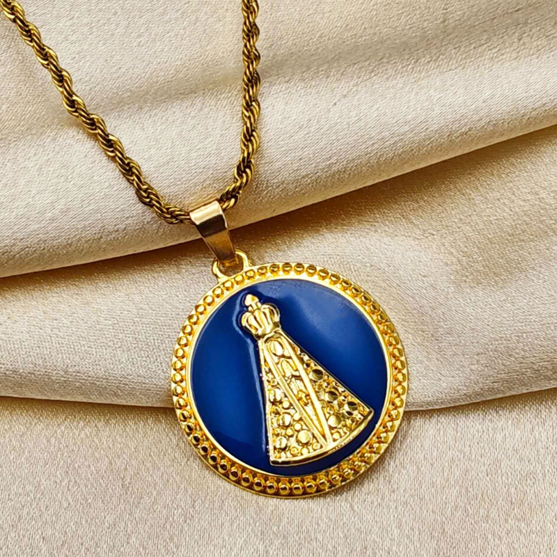 Colar de Corrente de Dourado Feminino Cordão Baiano Pingente Fé Aço Inoxidável Banhado A Ouro 18k