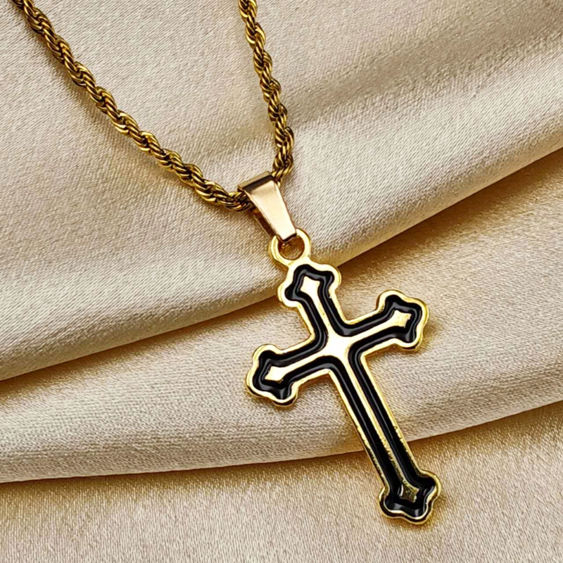 Colar de Corrente de Dourado Feminino Cordão Baiano Pingente Fé Aço Inoxidável Banhado A Ouro 18k