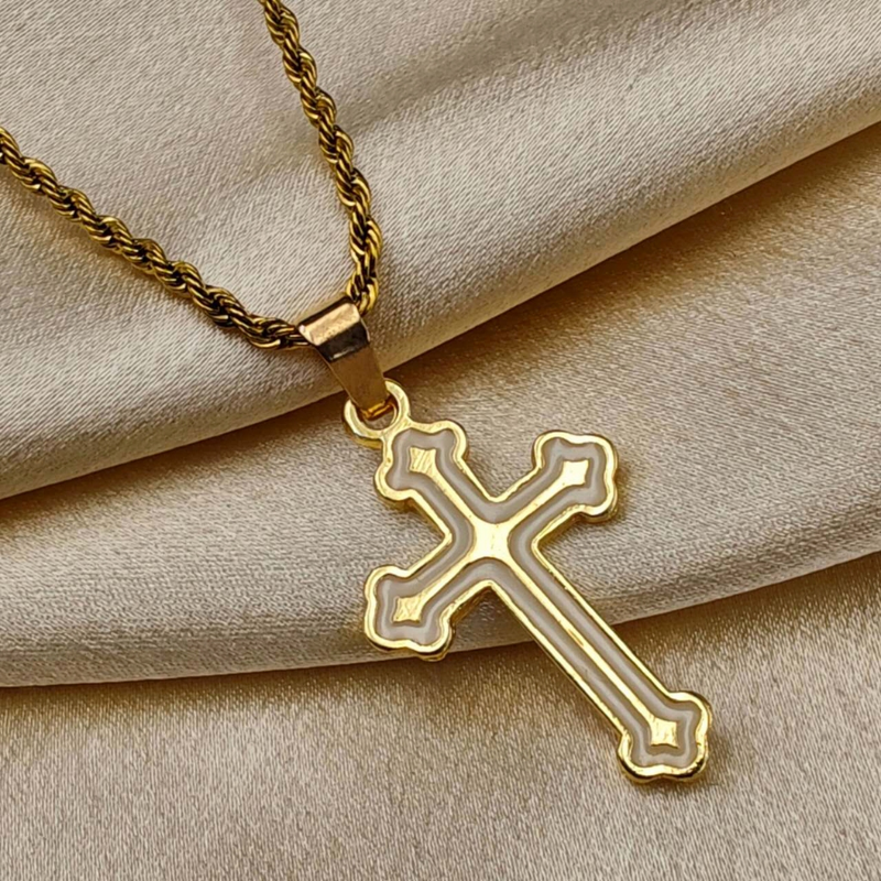 Colar de Corrente de Dourado Feminino Cordão Baiano Pingente Fé Aço Inoxidável Banhado A Ouro 18k