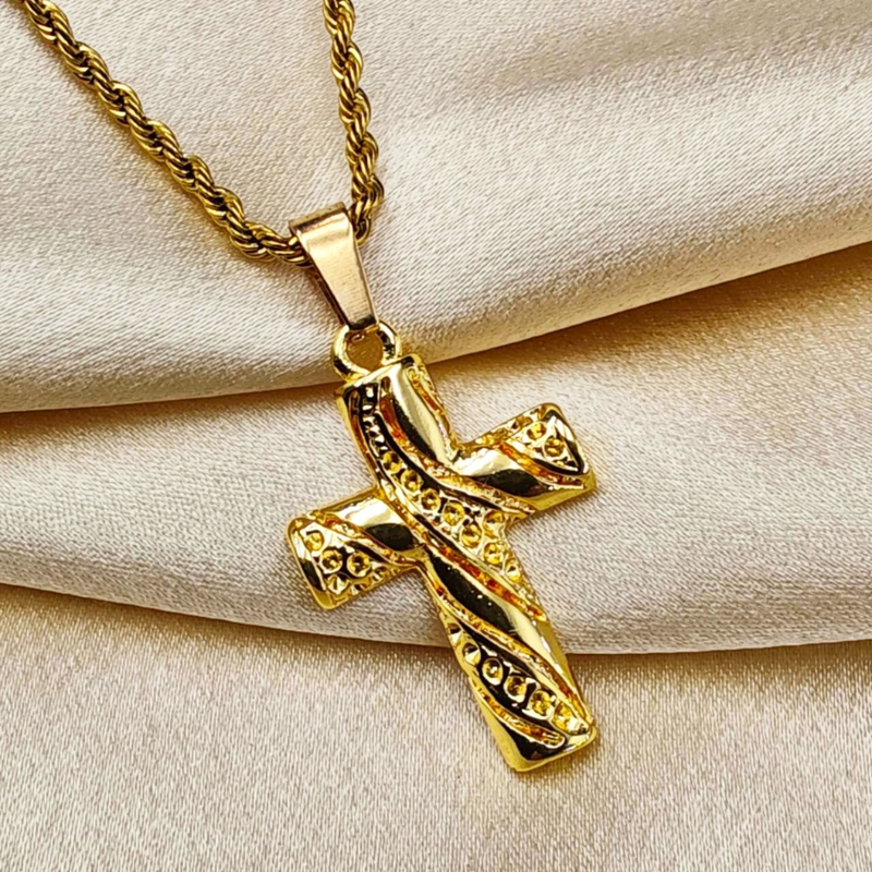 Colar de Corrente de Dourado Feminino Cordão Baiano Pingente Fé Aço Inoxidável Banhado A Ouro 18k