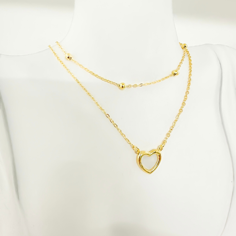 Colar duplo feminina em banhado à prata 925 e ouro 18k bolinhas e coração vazado