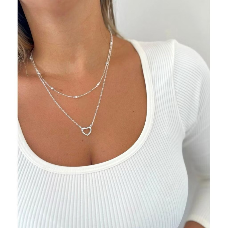 Colar duplo feminina em banhado à prata 925 e ouro 18k bolinhas e coração vazado