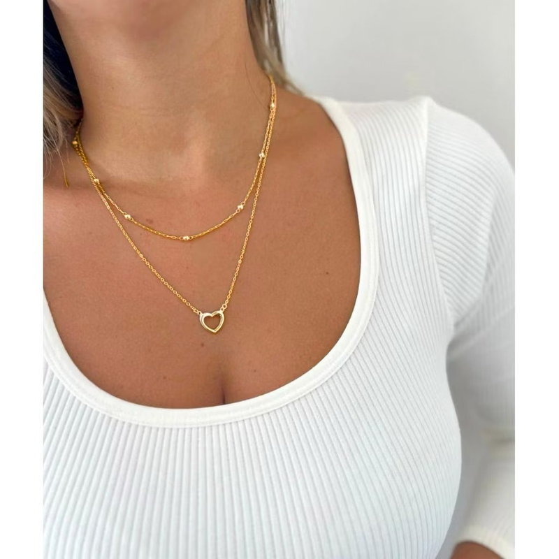 Colar duplo feminina em banhado à prata 925 e ouro 18k bolinhas e coração vazado
