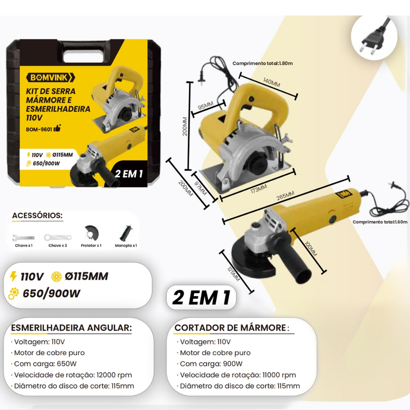 Kit Profissional de Serra para Mármore e Esmerilhadeira 900W 12.000 RPM com Mala Portátil