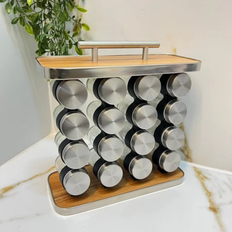 Porta Tempero 16 Potes de Condimentos 80ML Para Cozinha Bancadas Organização Rápida Inox
