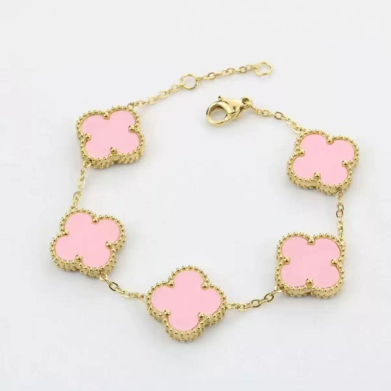 Pulseira de trevo de quatro folhas em aço inoxidável 18 com remendo de madrepérola dupla face que não desbota 17+5 cm