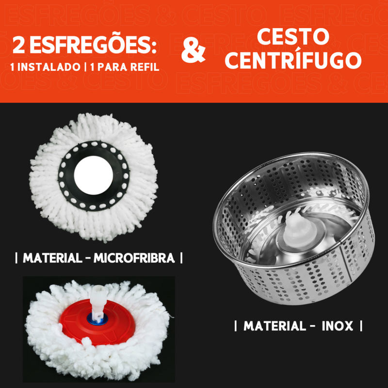 Mop C/ cabo de 140 cm + 2 Refis - Rodinhas e Cesto Em Inox - Balde Centrífuga - BC