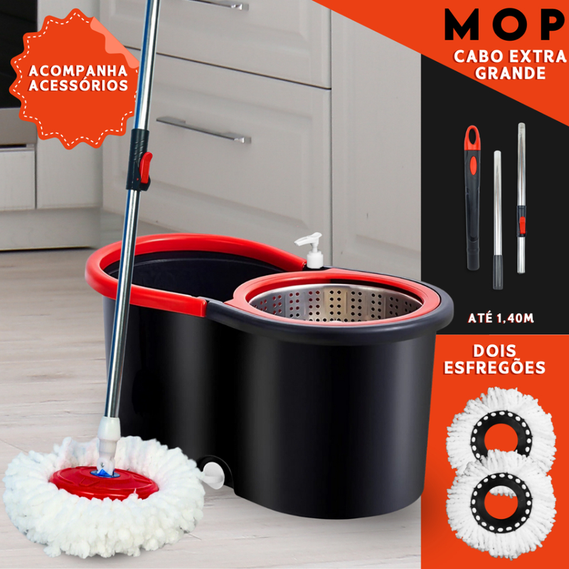 Mop C/ cabo de 140 cm + 2 Refis - Rodinhas e Cesto Em Inox - Balde Centrífuga - BC
