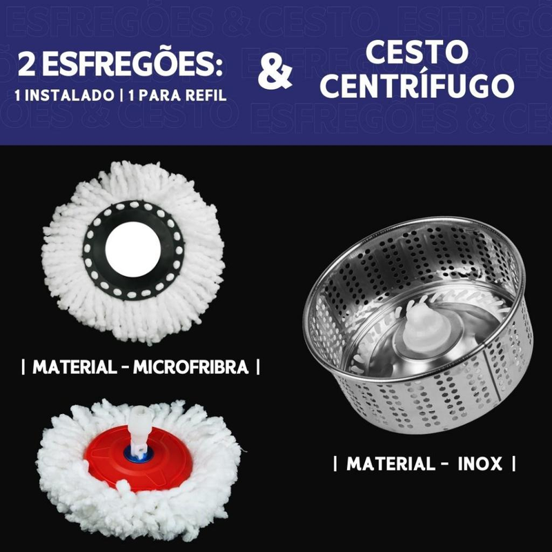 Mop C/ cabo de 140 cm + 2 Refis - Rodinhas e Cesto Em Inox - Balde Centrífuga - BC