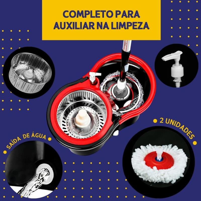 Mop C/ cabo de 140 cm + 2 Refis - Rodinhas e Cesto Em Inox - Balde Centrífuga - BC