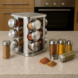 Porta Tempero 16 Potes de Condimentos 80ML Para Cozinha Bancadas Organização Rápida Inox