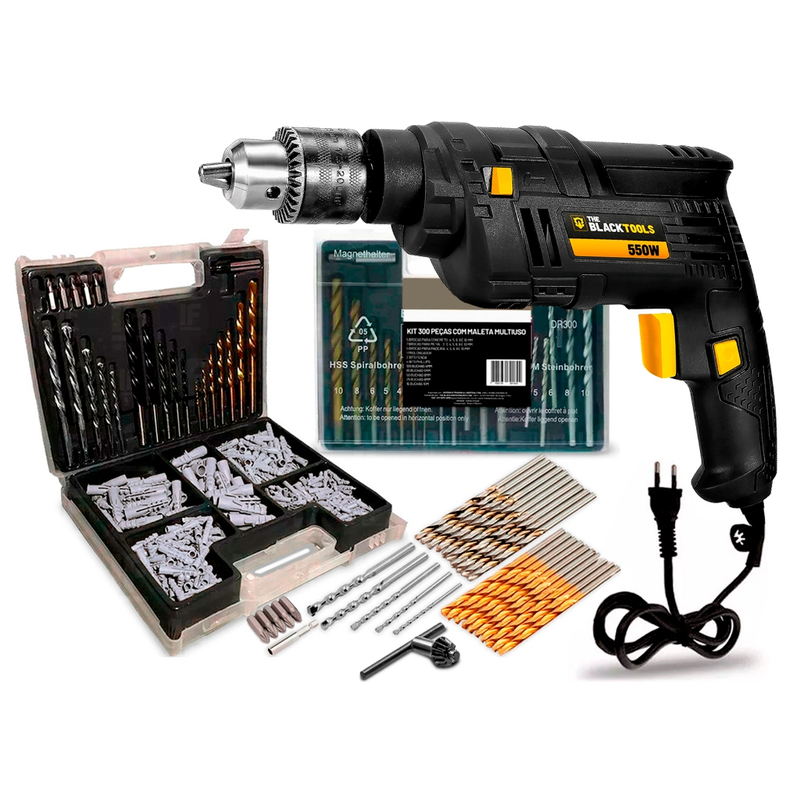 Kit Furadeira De Impacto 550w 3/8 10mm + Kit 300 Peças