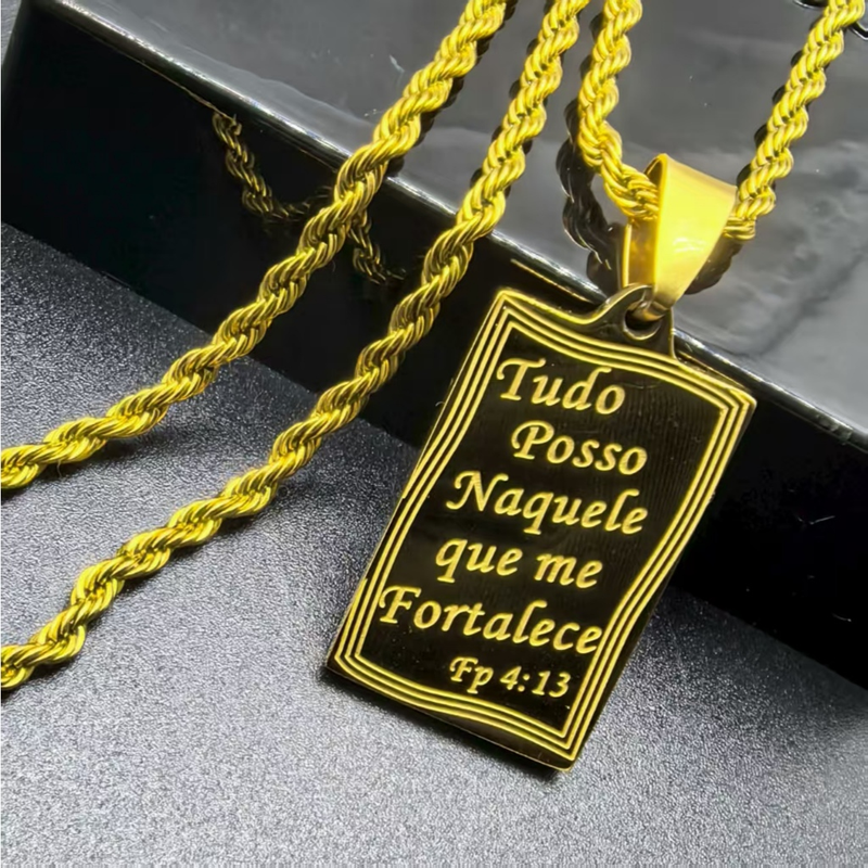 Colar de Corrente de Dourado Feminino Cordão Baiano Pingente Fé Aço Inoxidável Banhado A Ouro 18k