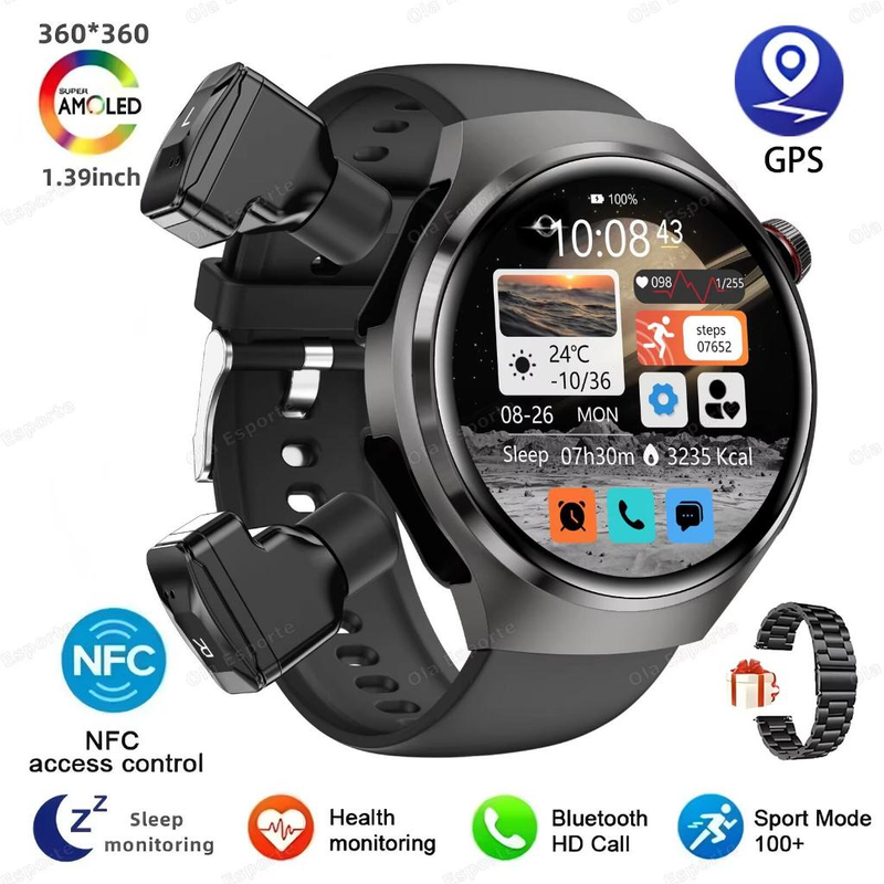 Novo Para HUAWEI Música Dois Fone De Ouvido smartwatch Masculino NFC Bluetooth Chamada Monitor Saúde TWS 2-Em-1 Esporte