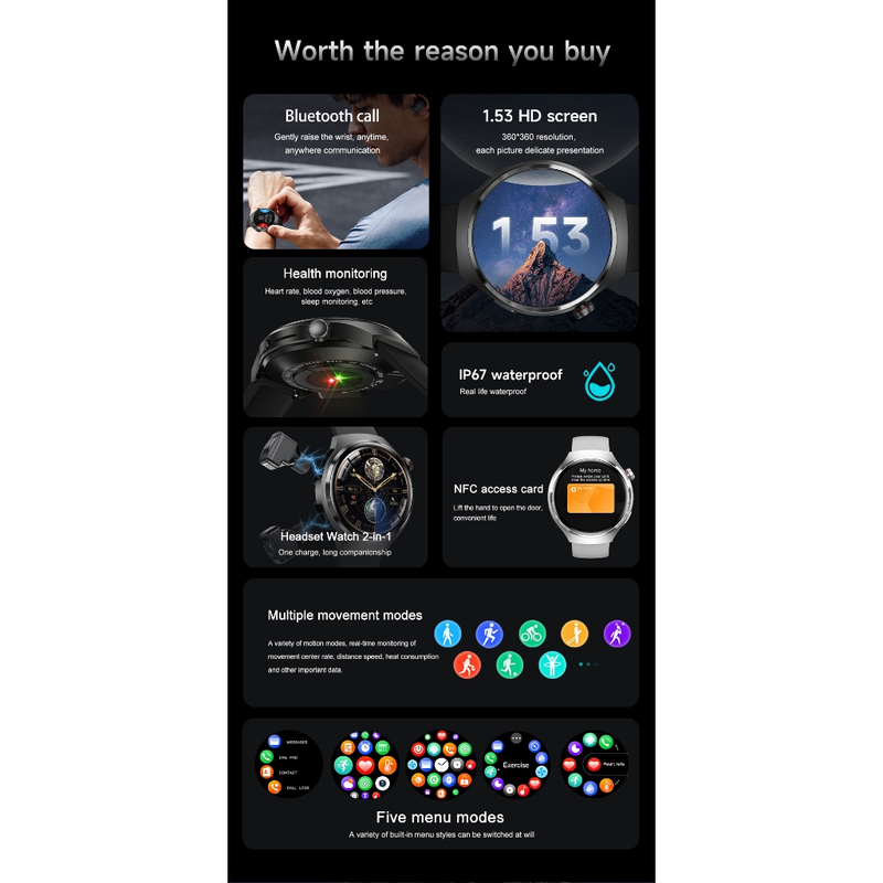 Novo Para HUAWEI Música Dois Fone De Ouvido smartwatch Masculino NFC Bluetooth Chamada Monitor Saúde TWS 2-Em-1 Esporte