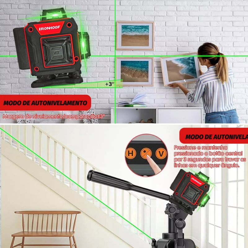 Nivel A Laser 16 Linhas Profissional Verde Nível Laser ​​PrecisãO 2 Baterias 30m Com Tripe