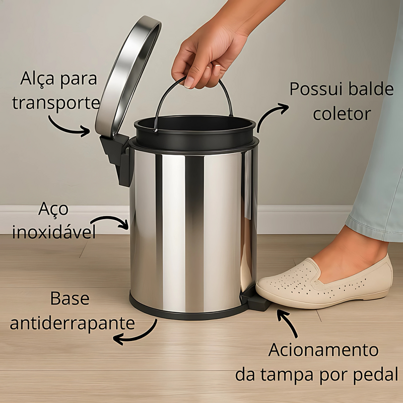 Lixeira Inox 3 Litros com Tampa e Balde Interno – Organizador Compacto para Banheiro, Cozinha e Escritório