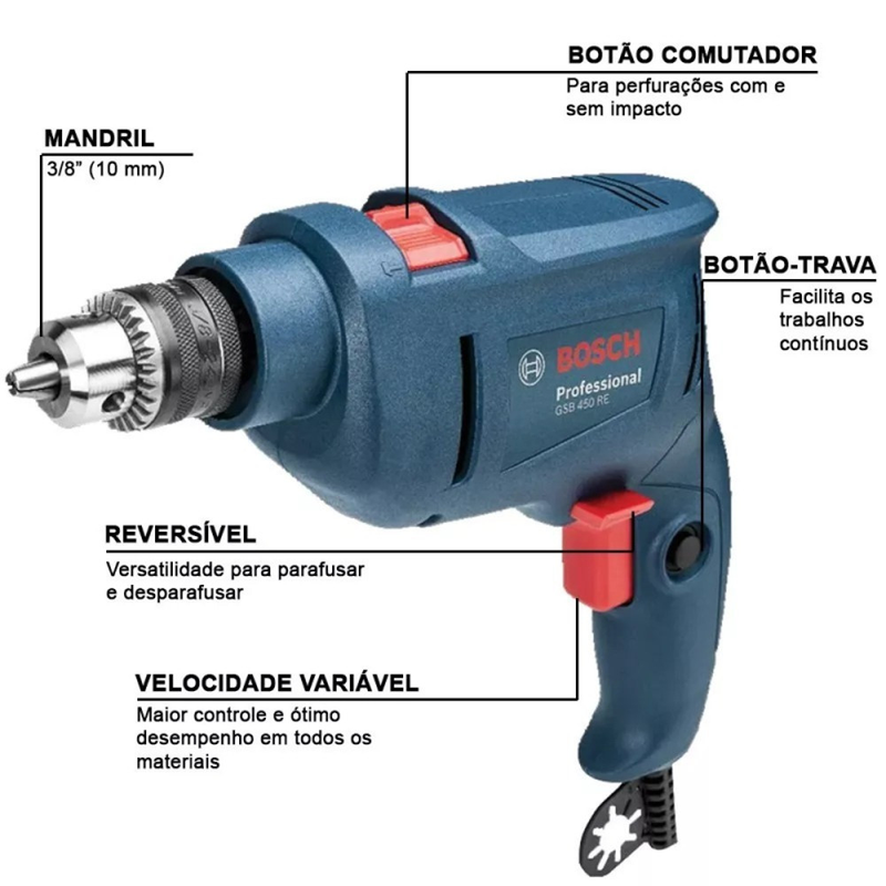 Furadeira Industrial Impacto 3/8 Reversão 450W GSB 450RE + Estojo 30 Peças X-Line BOSCH 110V