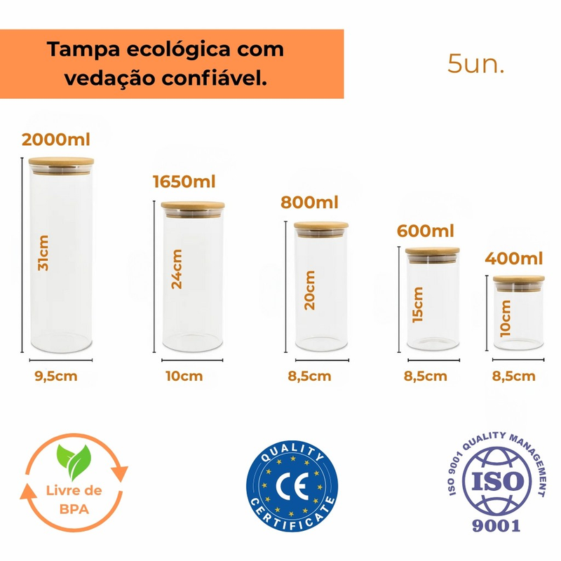 Kit 5 Potes Herméticos De Vidro Com Tampa De Bambu