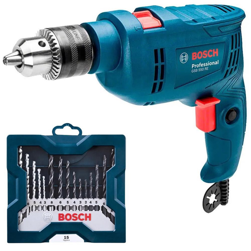 Furadeira Impacto 1/2 POL 550W GSB 550 RE com Kit Brocas e Pontas Bits 15 Peças BOSCH