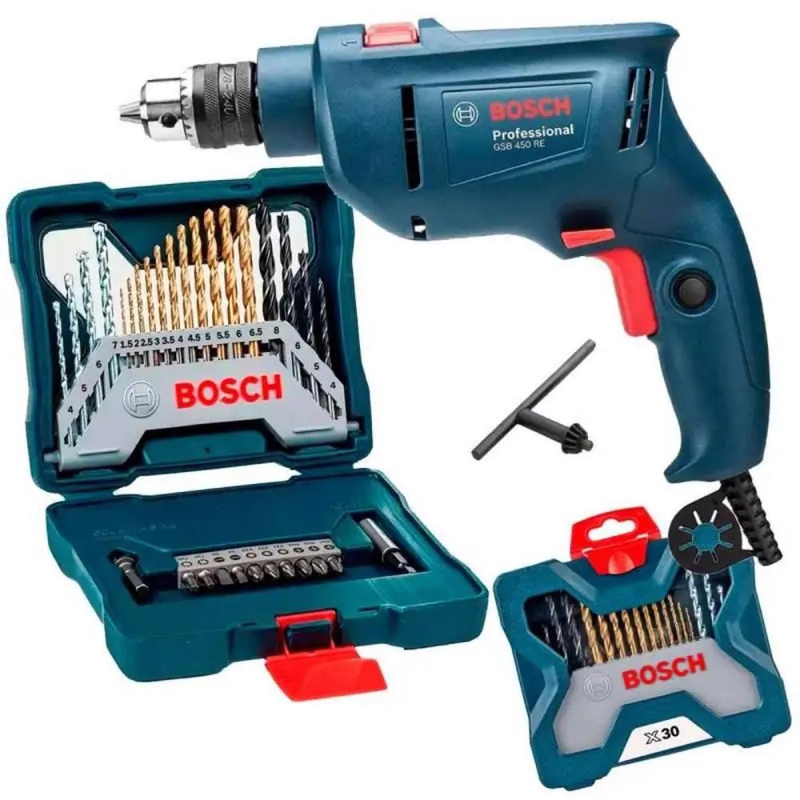 Furadeira Industrial Impacto 3/8 Reversão 450W GSB 450RE + Estojo 30 Peças X-Line BOSCH 110V