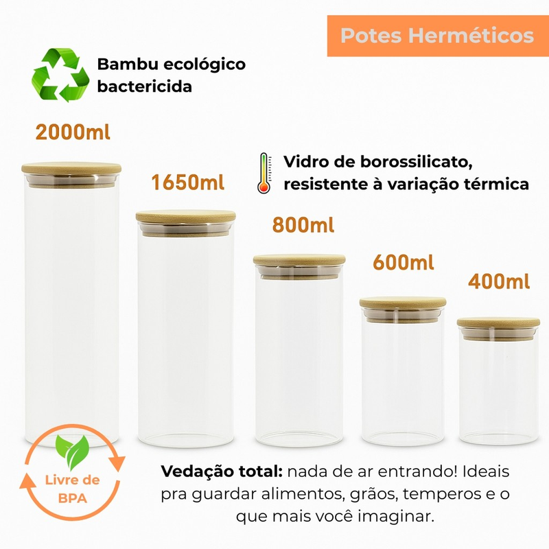 Kit 5 Potes Herméticos De Vidro Com Tampa De Bambu