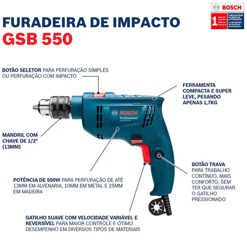 Furadeira Impacto 1/2 POL 550W GSB 550 RE com Kit Brocas e Pontas Bits 15 Peças BOSCH