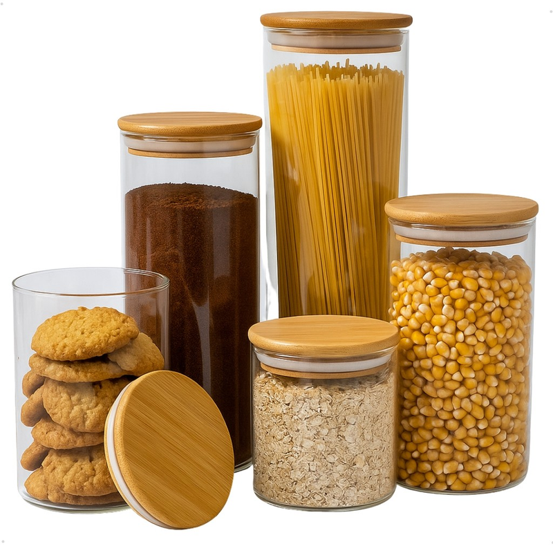 Kit 5 Potes Herméticos De Vidro Com Tampa De Bambu