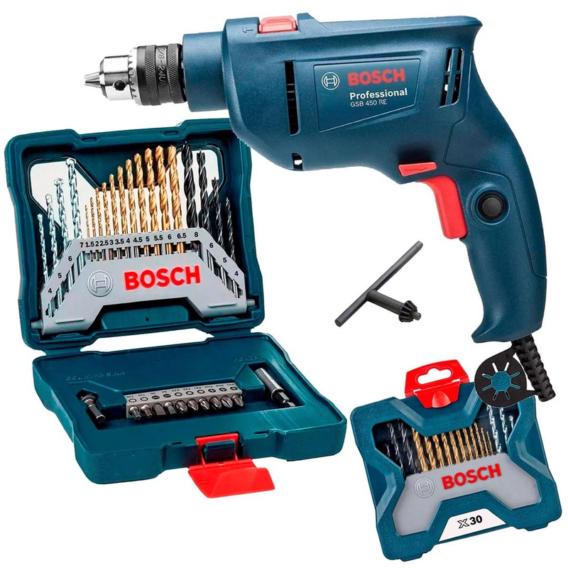 Furadeira Industrial Impacto 3/8 Reversão 450W GSB 450RE + Estojo 30 Peças X-Line BOSCH 110V