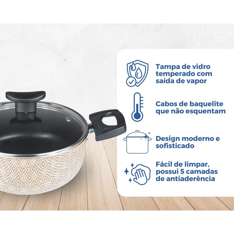 Jogo de Panelas Elegance Antiaderente Teflon 9 Peças Tampa Vidro